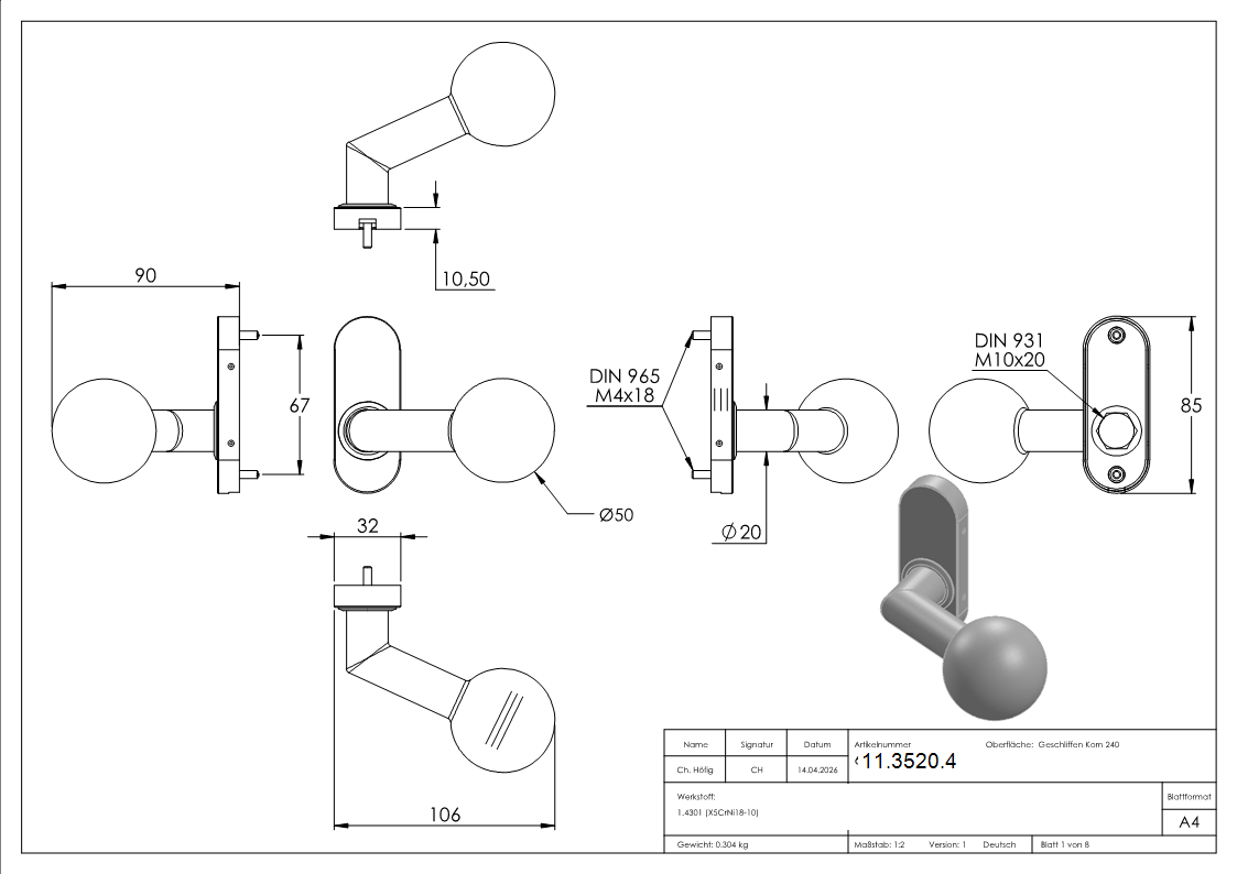 Drueckerknopf Edelstahl V2A Ø 50 mm fest gekroepft ausser Mitte-11-3520.4