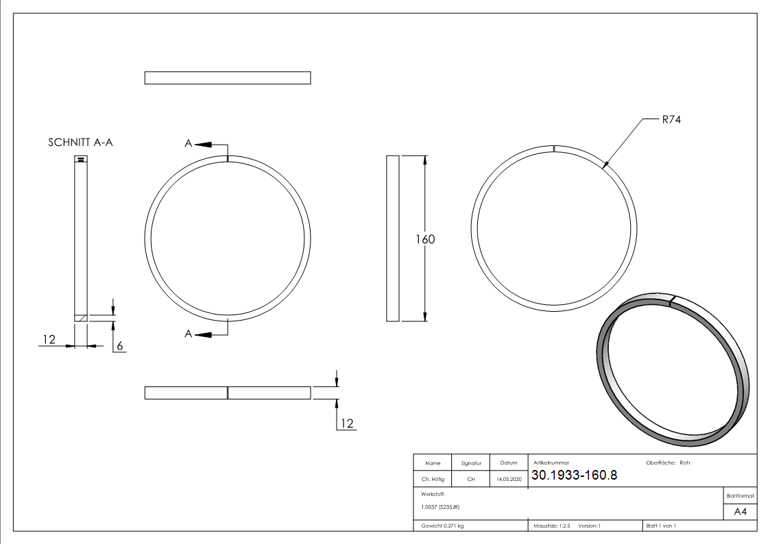 Ring - Material- 12x6 mm - Aussen-Ø 160 mm - Stahl S235JR- roh-30-1933-160.8