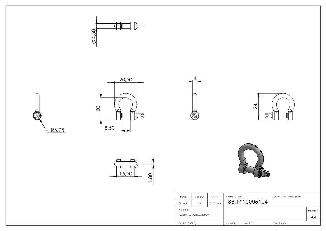 Gebogener Schaekel Edelstahl V4A M4-88.1110005104
