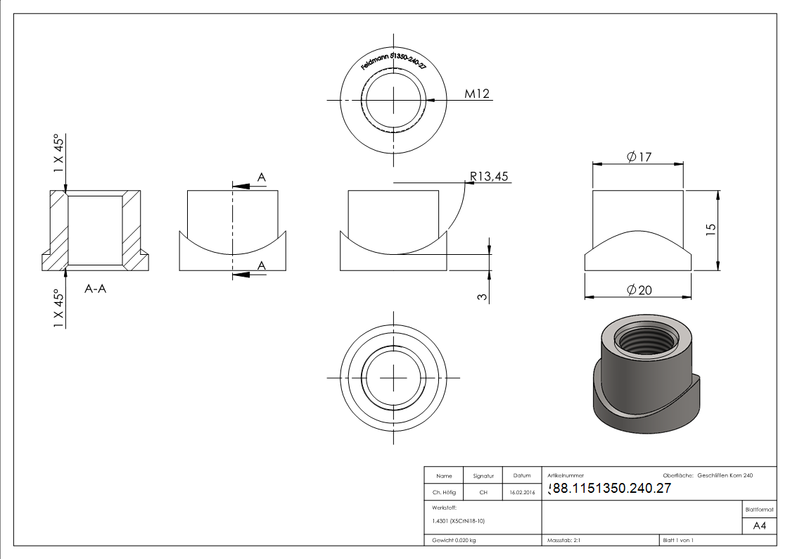 Gewindehuelse Edelstahl V2A Ø 26-9 mm M12 geschliffen-88-1151350-240.27