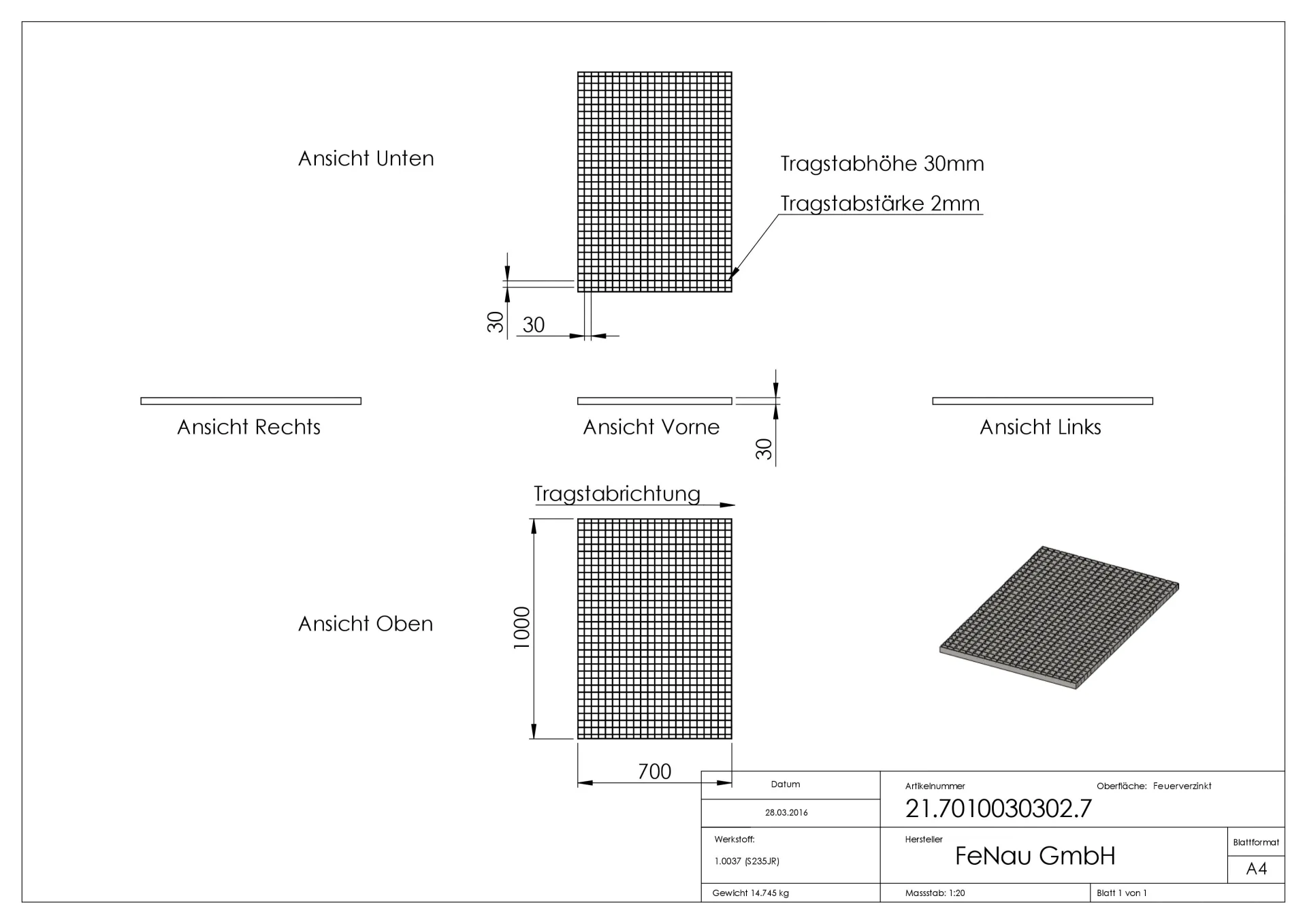 Industrie-Gitterrost - Masse- 700x1000x30 mm; MW 30-30 mm; 30-2 mm - S235JR -St37-2- im Vollbad feuerverzinkt-21-7010030302.7