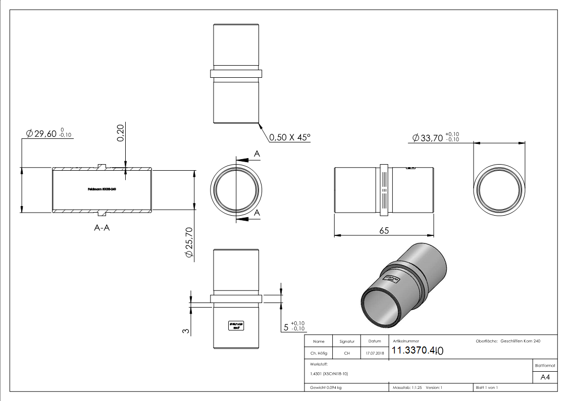 Verbinder fuer Rundrohr - Masse- Ø 33-7x2-0 mm - V2A-11-3370.4
