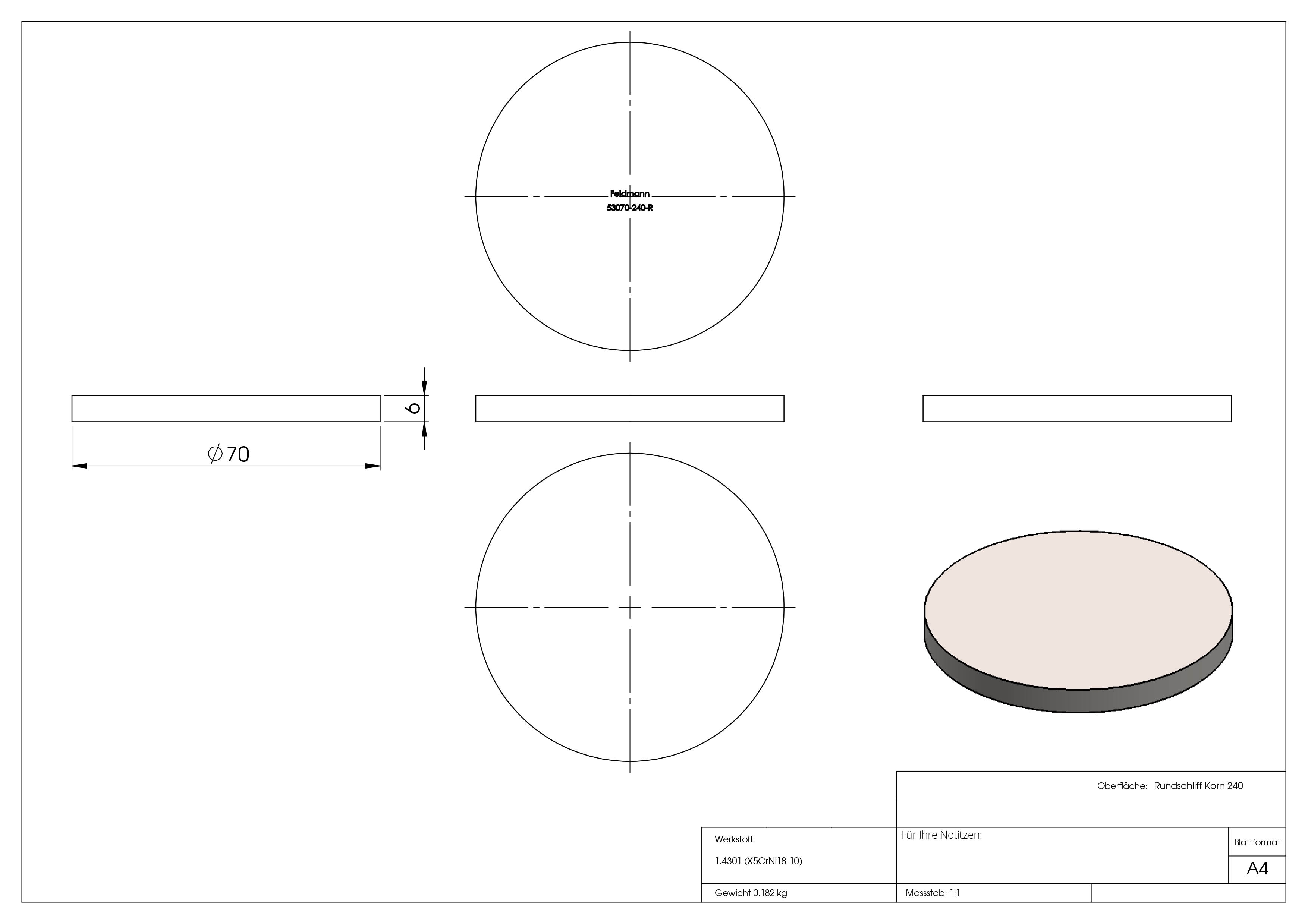 Ronde - Masse- Ø 70x6 mm - mit Rundschliff - V2A-11-2240R.4