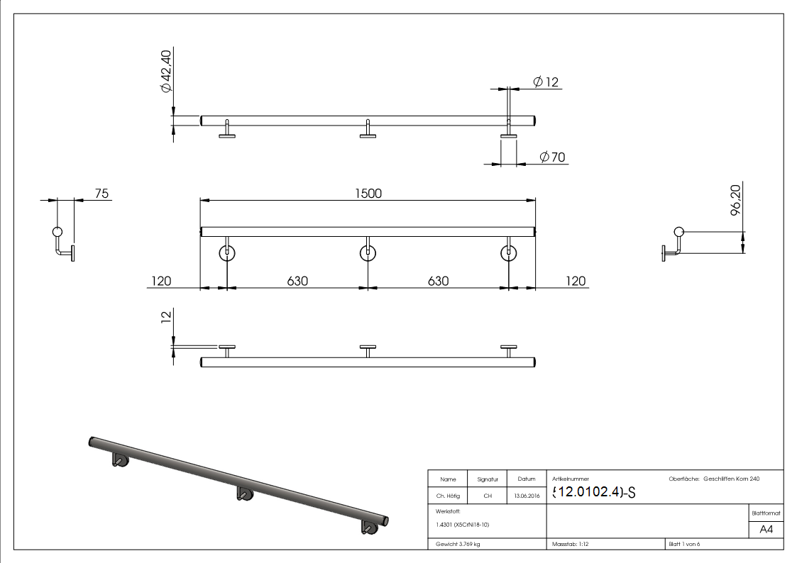 Handlauf montagefertig Laenge- 1500 mm Rundrohr- Ø 42-4 mm V2A-12-0102.4