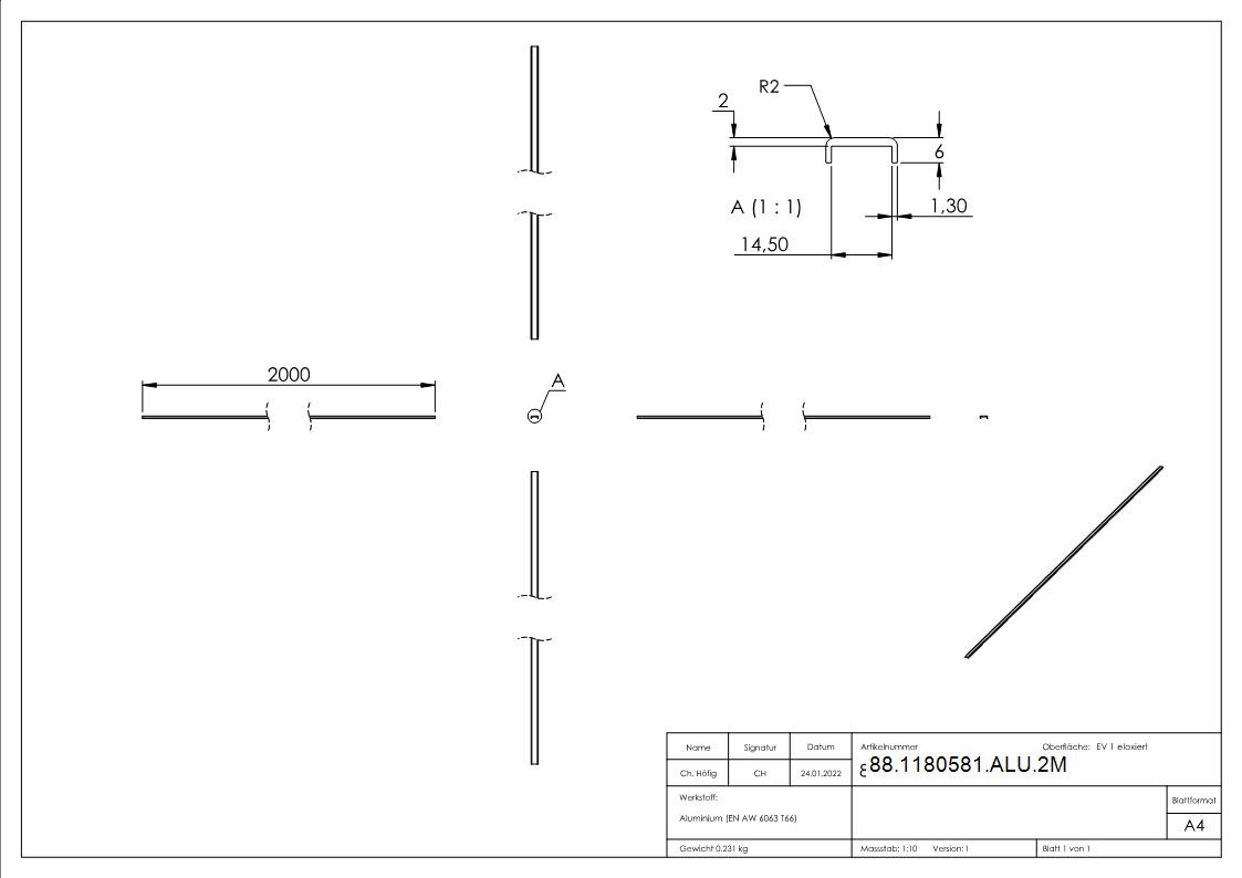 Kantenschutz EXTRA SLIM- fuer Glas 12-00 - 13-52mm- L=2m- Aluminium E4-EV1-88-1180581-ALU.2M