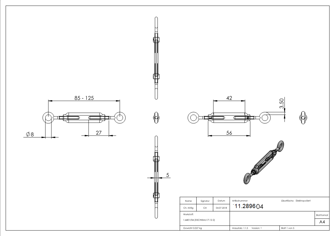 Spannschloss - M4 - M8 - Oese-Oese - mit Links-Rechtsgewinde - V4A-11.2896