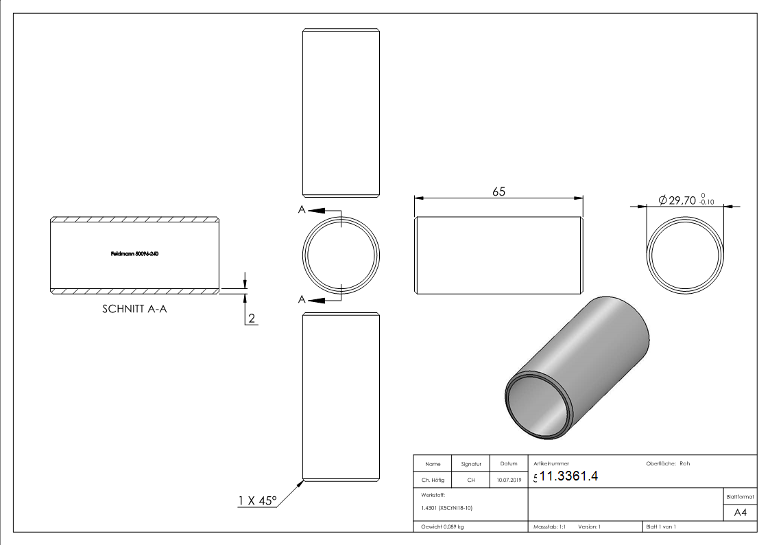 Rohrverbinder V2A Ø 33-7x2-0 mm L 65 mm ohne Mittelsteg-11-3361.4
