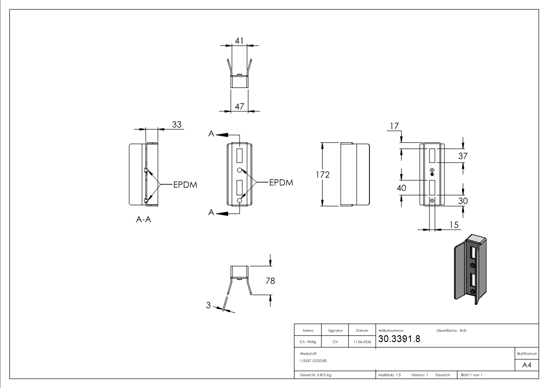 Schliesskasten Stahl roh 40mm fuer Schiebetore-30-3391.8