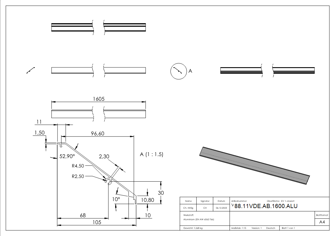 Design-Abdeckung fuer eleganza canopy- L=1605mm- Aluminium E4-EV1-88-11VDE-AB-1600.ALU