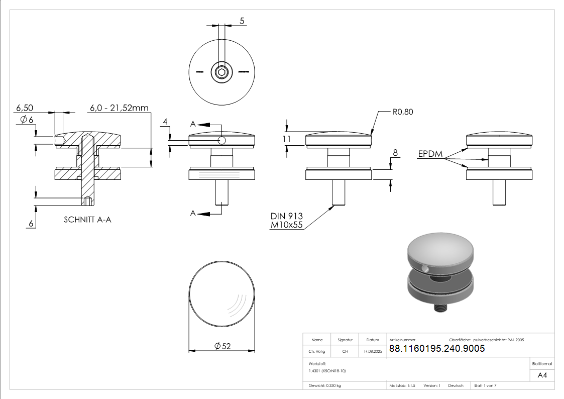 Glaspunkthalter 52mm- Anschluss- flach- V2A- pulverbeschichtet RAL 9005 schwarz matt-88-1160195-240.9005