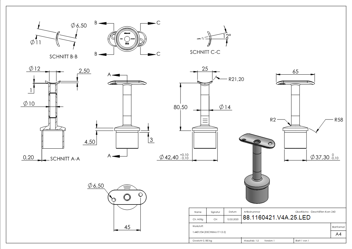 Rohrabschlussstopfen V4A fuer Rohr Ø 42-4 mm- Stift Ø 14 mm fuer LED Handlauf-88-1160421-V4A-25.LED