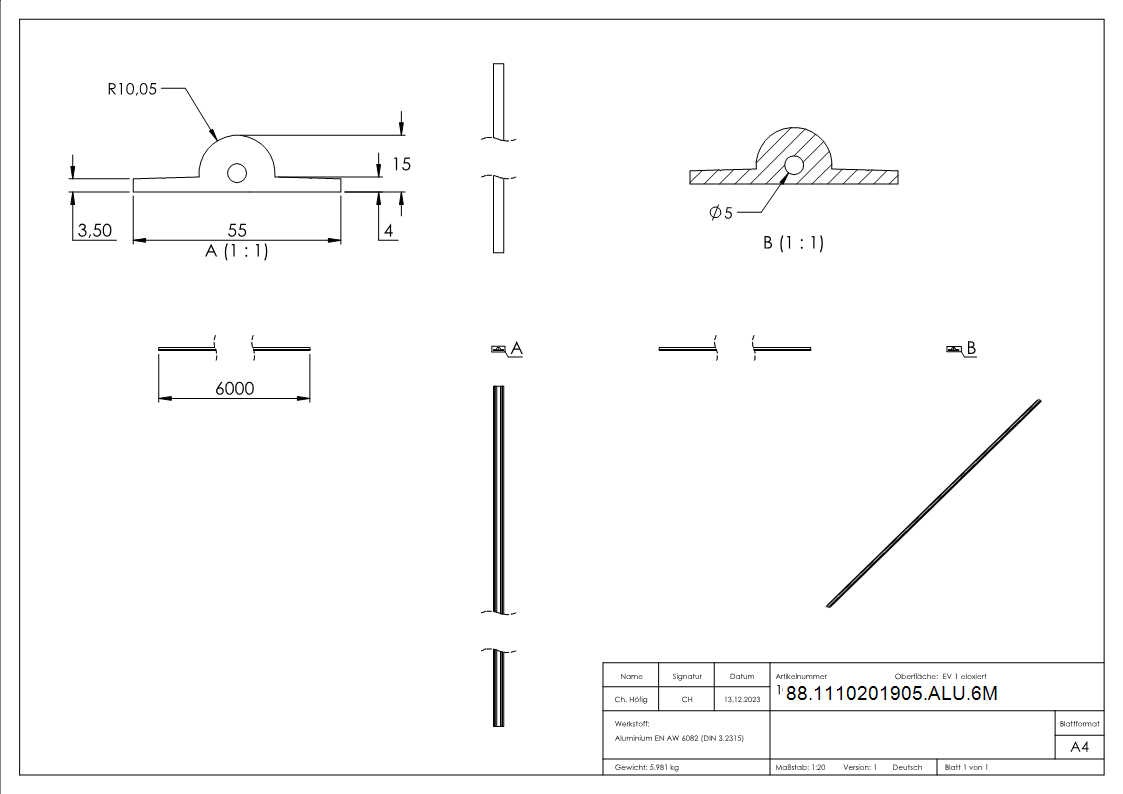 Laufschiene Aluminium L = 6000 mm  19 mm zum Aufschrauben ohne Bohrungen-88-1110201905-ALU.6M