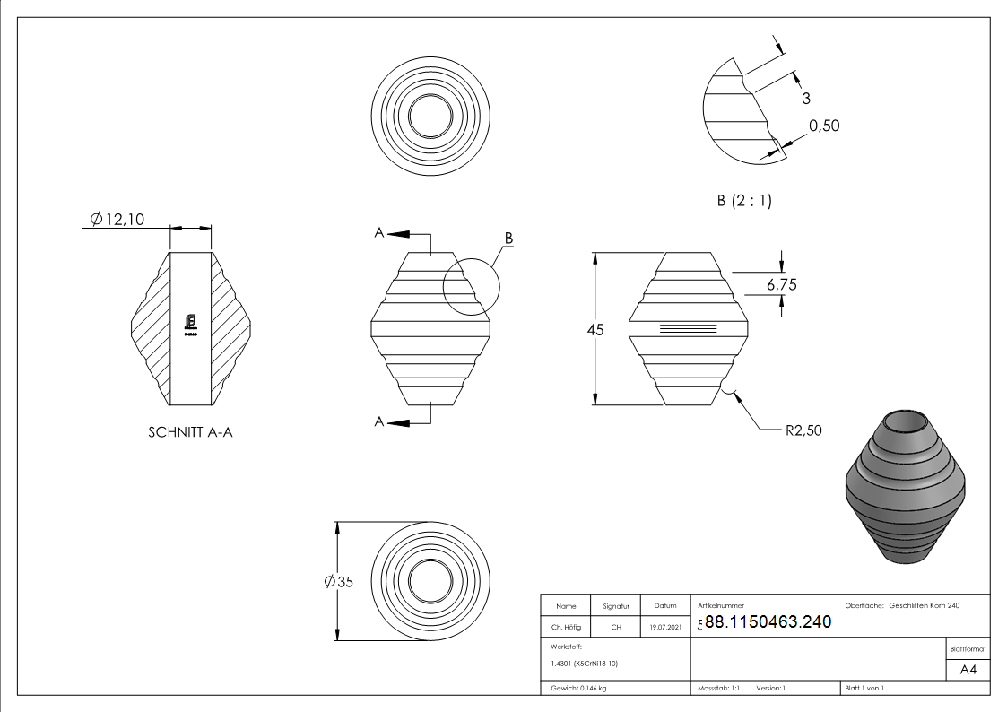 Zierhuelse Edelstahl V2A fuer Rund Ø 12-0 mm geschliffen Korn 240 zum Einkleben-88-1150463.240