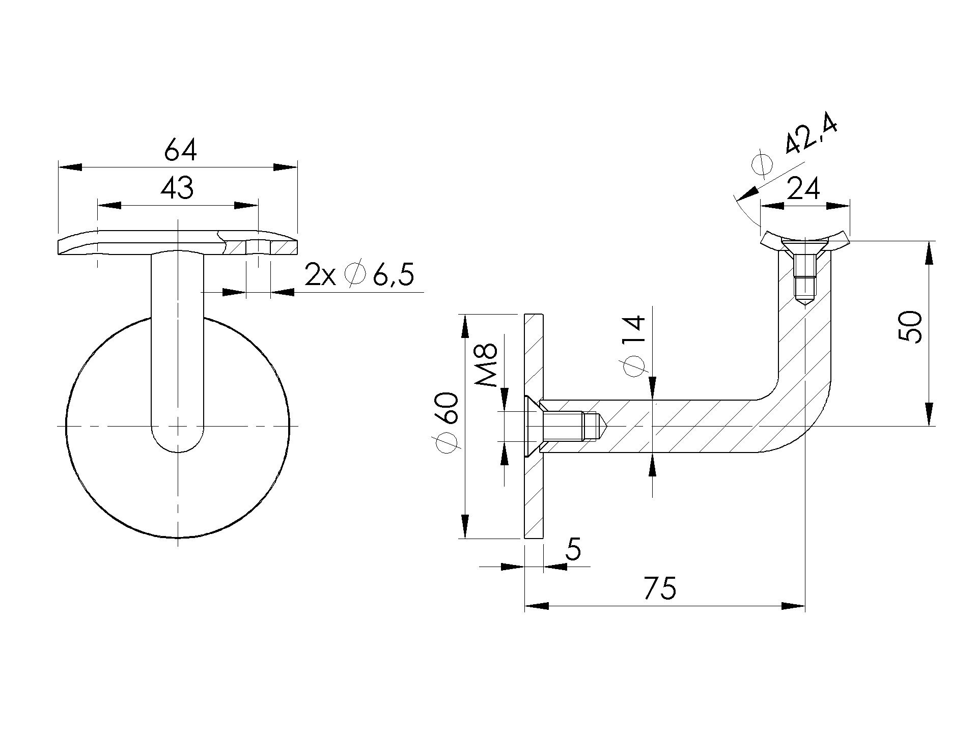 Design Handlaufhalter RAL 9005 Schwarz - V2A Edelstahl - Fuer Ø 42-4 mm Rohr - Unsichtbare Befestigung-11-7002-B-A.4