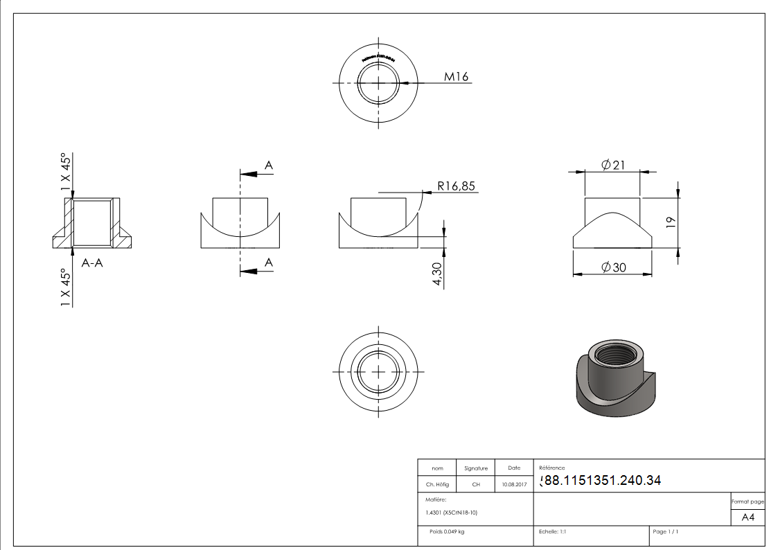 Gewindehuelse Edelstahl V2A fuer Rohr Ø 33-7 mm Gewinde M16 geschliffen Korn 240-88-1151351-240.34