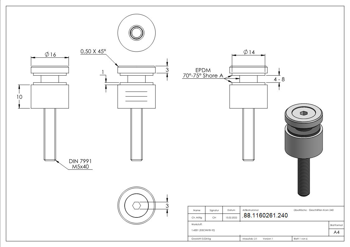 Glaspunkthalter Ø 16 mm- V2A- Anschluss- Flach- inkl- Senkkopfschraube -Schilderhalter-88-1160261.240
