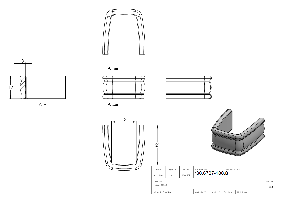 Bund - 100 Stueck - Material- 12x3 mm - Innenmass- 13x21 mm - Stahl -Roh- S235JR-30-6727-100.8