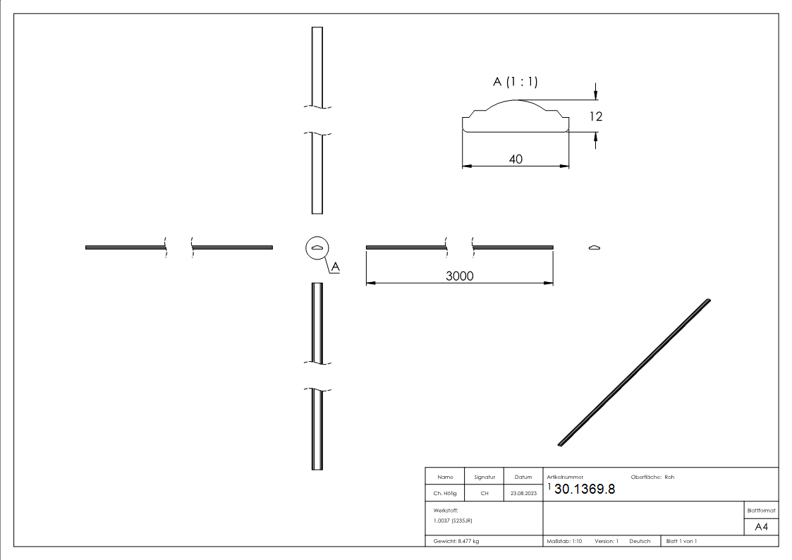 Handlauf 40x12 mm halbrund 3000mm Stahl S235JR roh-30-1369.8