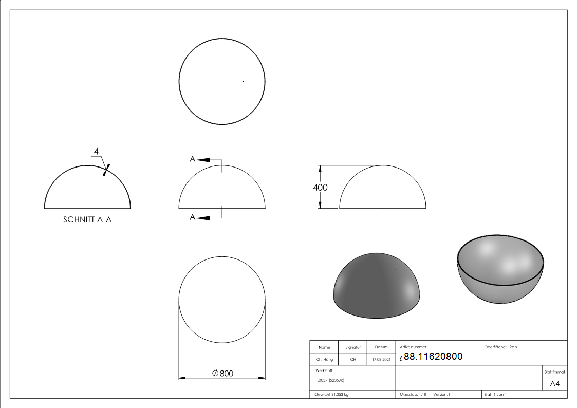 Halbhohlkugel Ø 800 mm - glatt - Stahl S235JR- roh-88.11620800