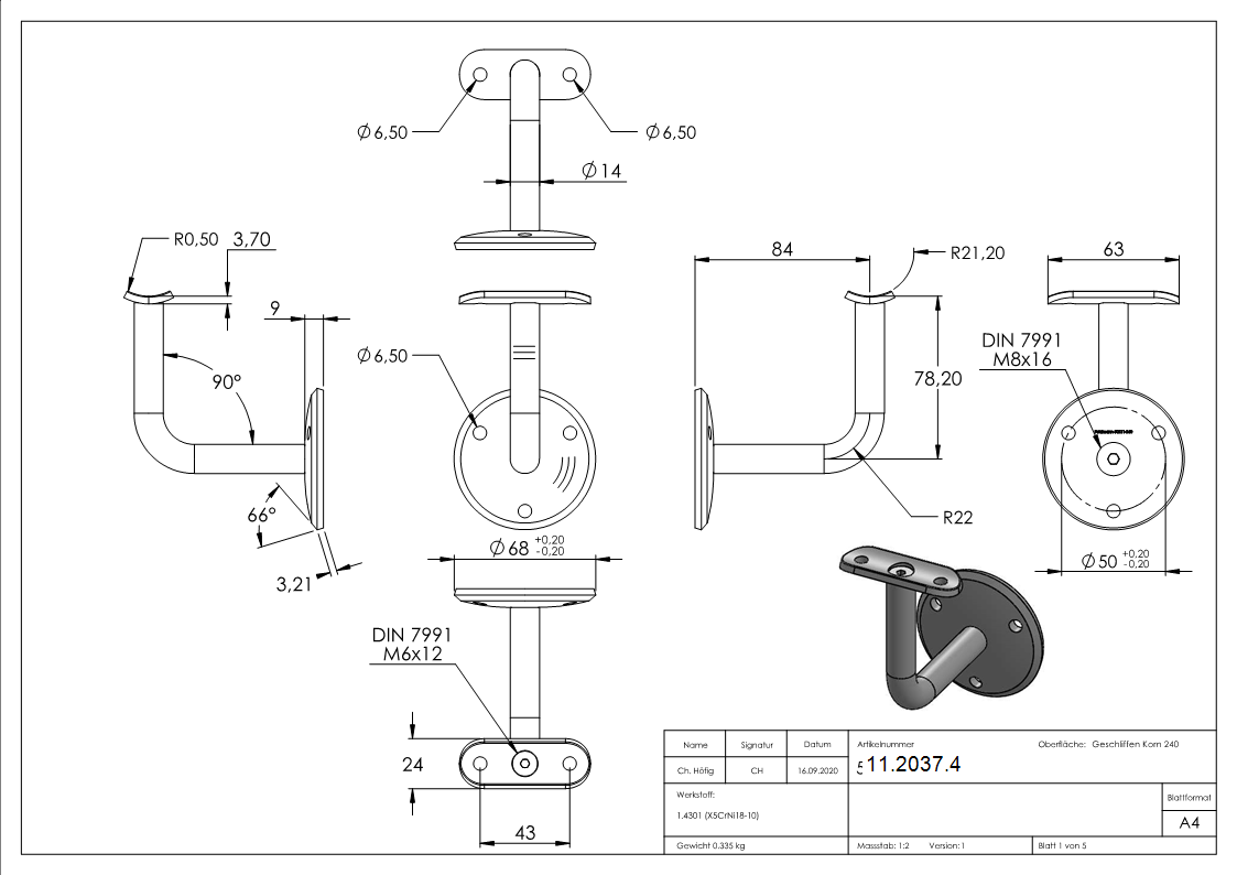 Handlaufhalter V2A fuer Rohr 42-4 mm- Ronde Ø 70 mm- Wandabstand 84 mm- verschraubt-11-2037.4