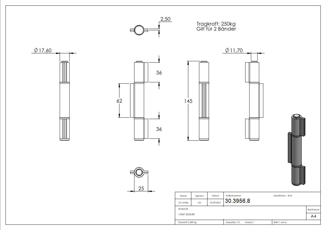 Anschweissband - 3-teilig - Tragkraft- 250kg - massiv - Stahl S235JR- roh-30-3956.8
