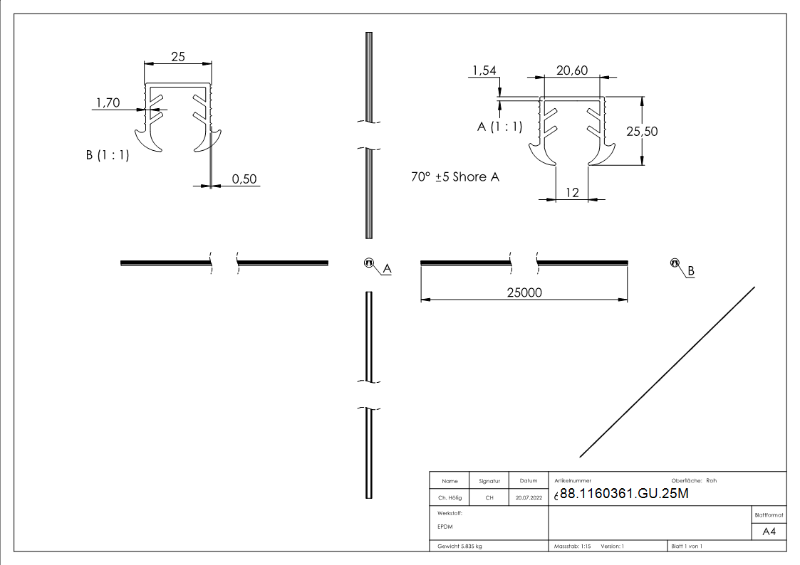 Keildichtung EPDM fuer Glas 11-52–13-52 mm- Nut 24x24 mm- L = 25 m-88-1160361-GU.25M