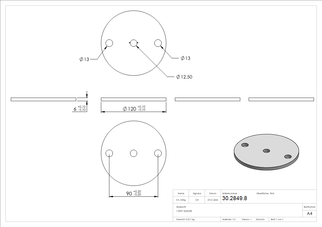 Ankerplatte 120x6 mm 3 Bohrungen -  Stahl roh-30-2849.8