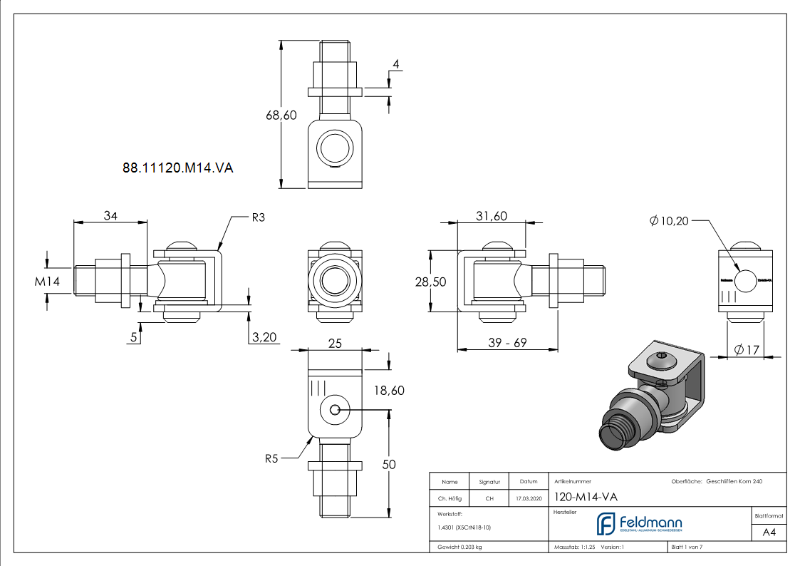 Torband mit Gewindehuelse M14- V2A-88-11120-M14.VA