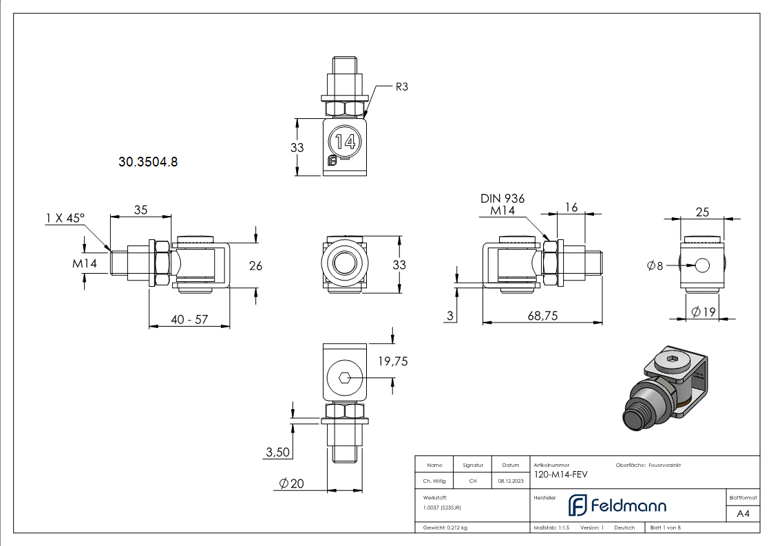 Torband M14 verstellbar schweissbar Stahl -roh- S235JR-30-3504.8