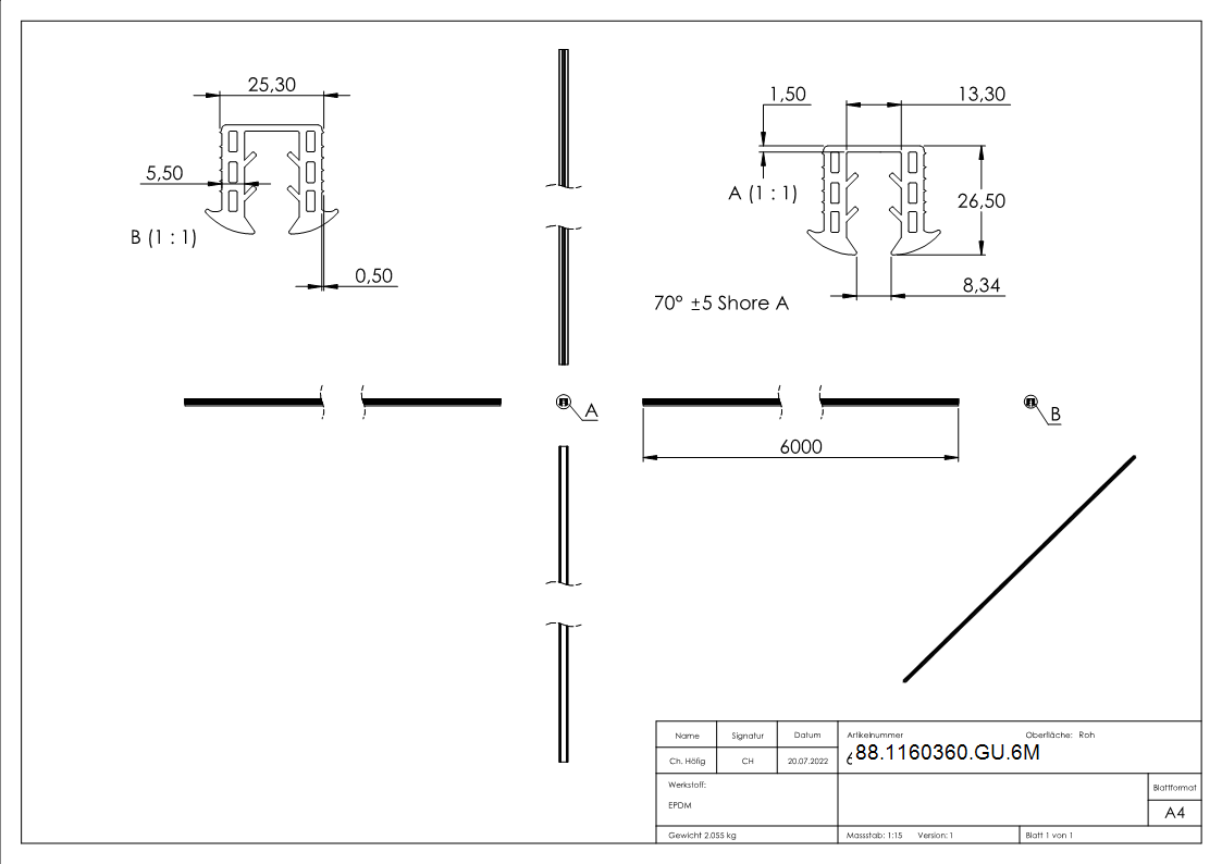 Keildichtung EPDM fuer Glas 8-00–10-76 mm- Nut 24x24 mm- L = 6000 mm-88-1160360-GU.6M