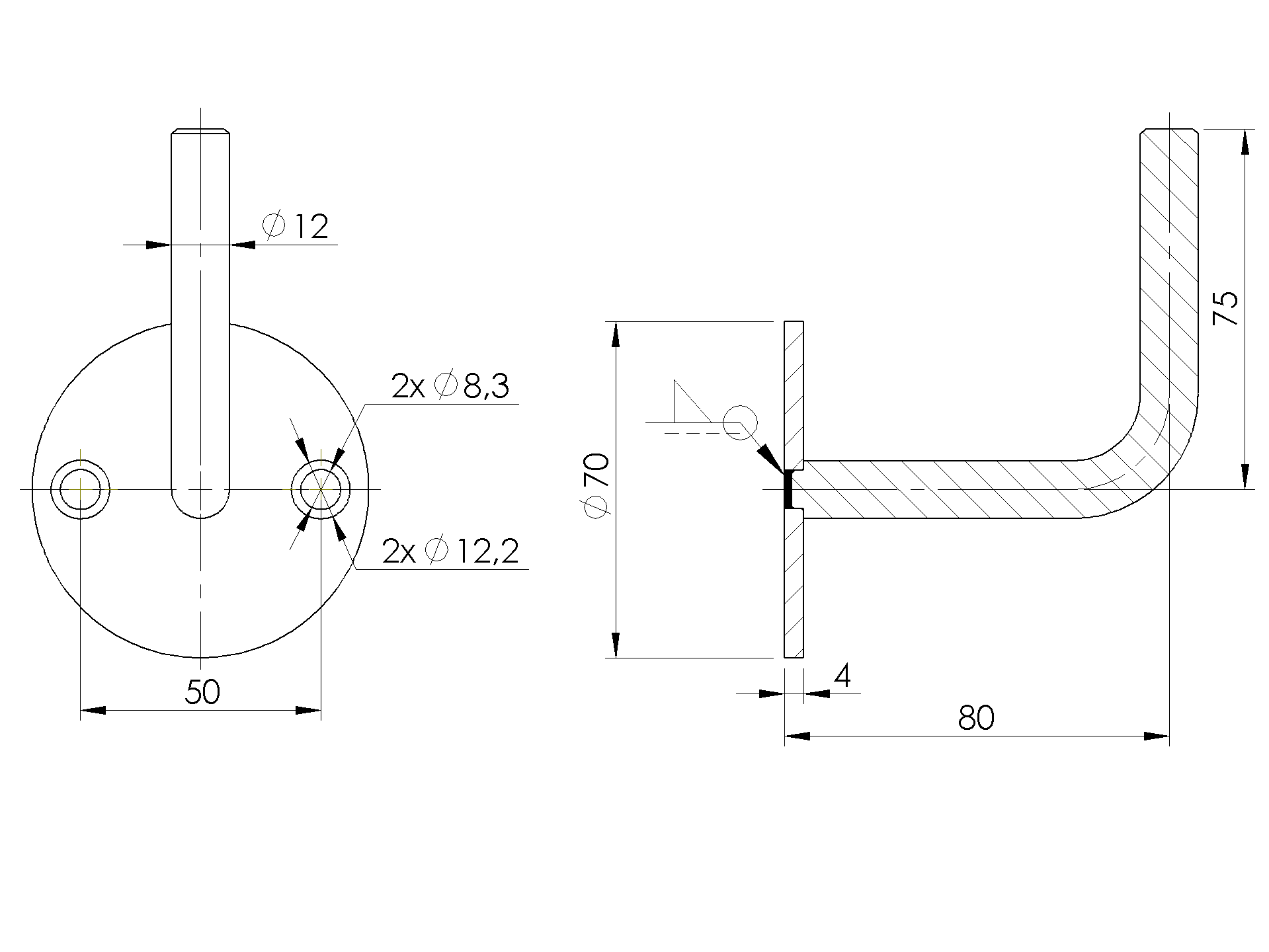Handlaufhalter - mit Ronde 70 x 4 mm - zum Anschweissen - 2 Bohrungen - Edelstahl V2A AISI304-11-2606-A.4