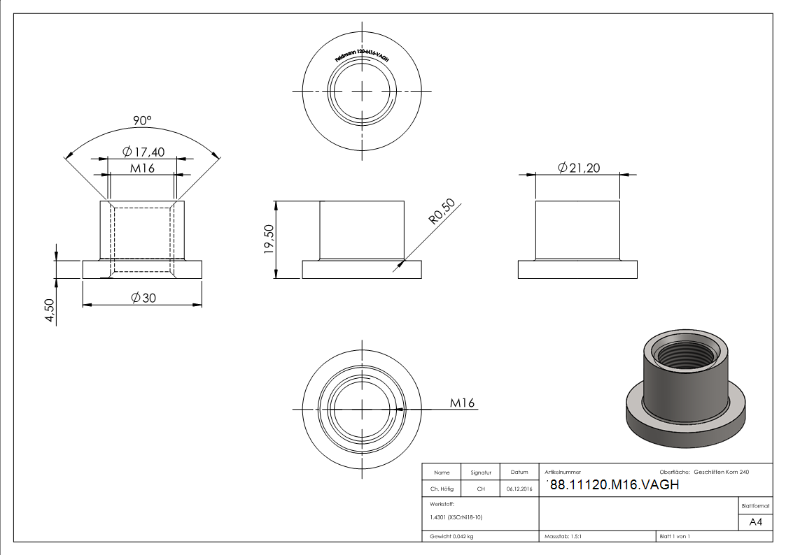Gewindehuelse VA zu 120-M16-VA-88-11120-M16.VAGH