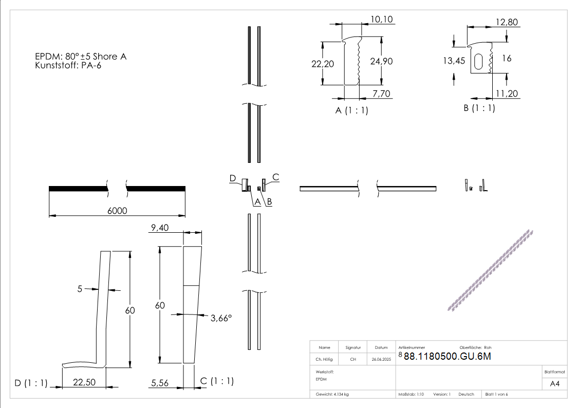 Montageset fuer 6m Aluprofil fuer Glas 12-76 - 13-52mm-88-1180500-GU.6M