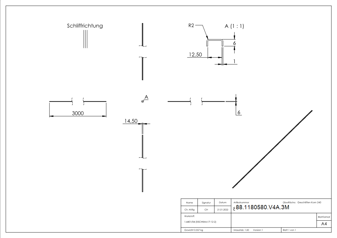Kantenschutz Edelstahl V4A fuer Glas 10-00–11-52 mm- L = 3000 mm- EXTRA SLIM-88-1180580-V4A.3M