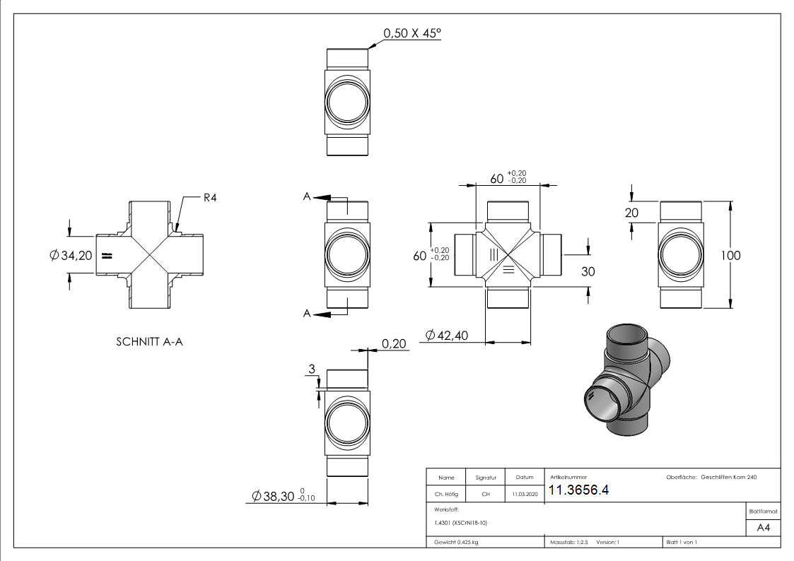 Kreuzstueck mit gleichem Abgang fuer Rundrohr Ø 42-4x2-0 mm V2A-11-3656.4