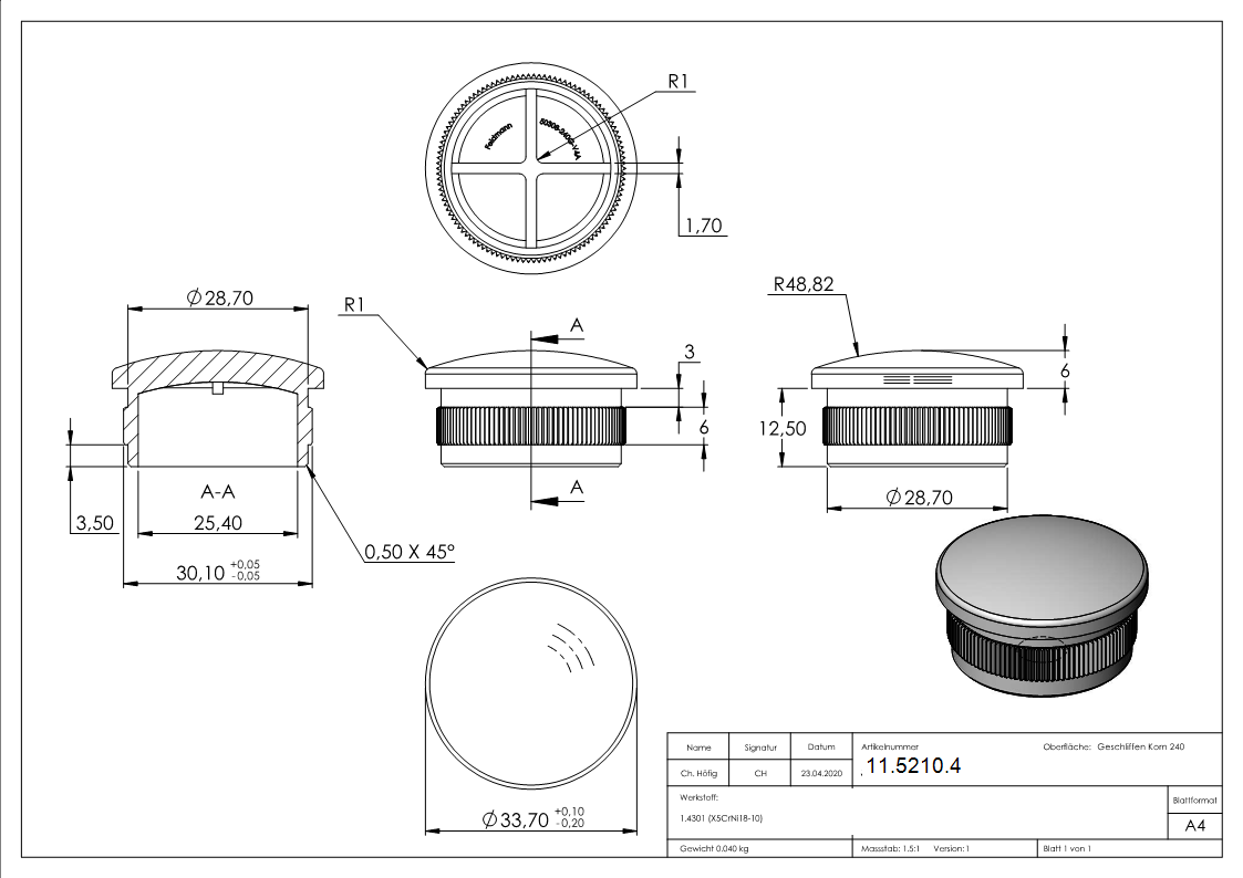 Einsteckkappe Edelstahl V2A fuer Rohr Ø 33-7 mm- 2-0 mm Wandstaerke- leicht gewoelbt-11-5210.4