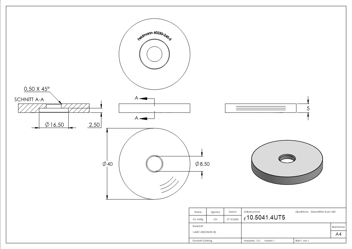Glaspunkthalter-Unterteil Ø 40 mm- V2A- Hoehe- 5 mm-10-5041.4UT5