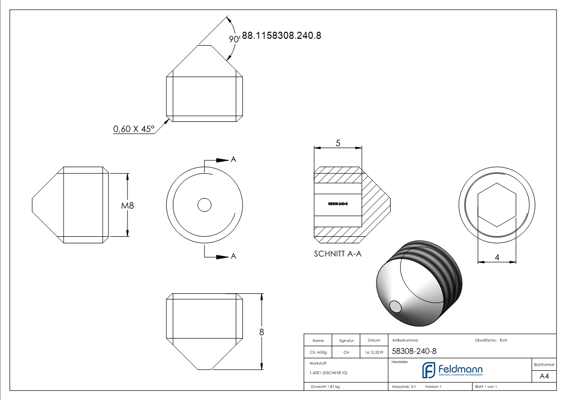Gewindestift V2A M8x8 Innensechskant Spitze DIN 914-88-1158308-240.8