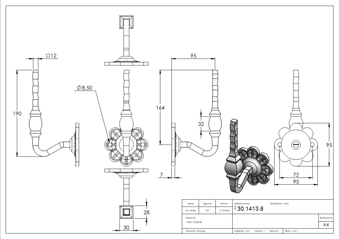 Handlaufhalter - mit Ronde 70x93 mm -  zum Anschweissen - Stahl S235JR- roh-30-1413.8