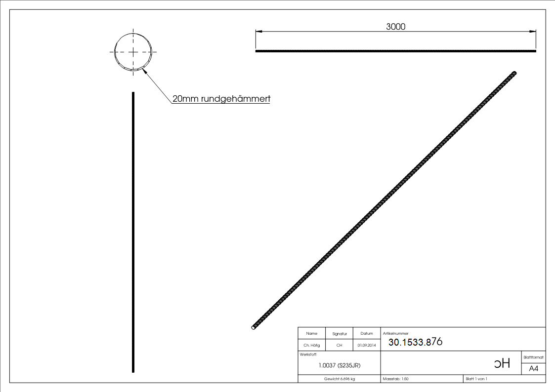 Rundeisen spindelfoermig geschmiedet Ø 20 mm Laenge- 3000 mm Stahl -Roh- S235JR-30-1533.8