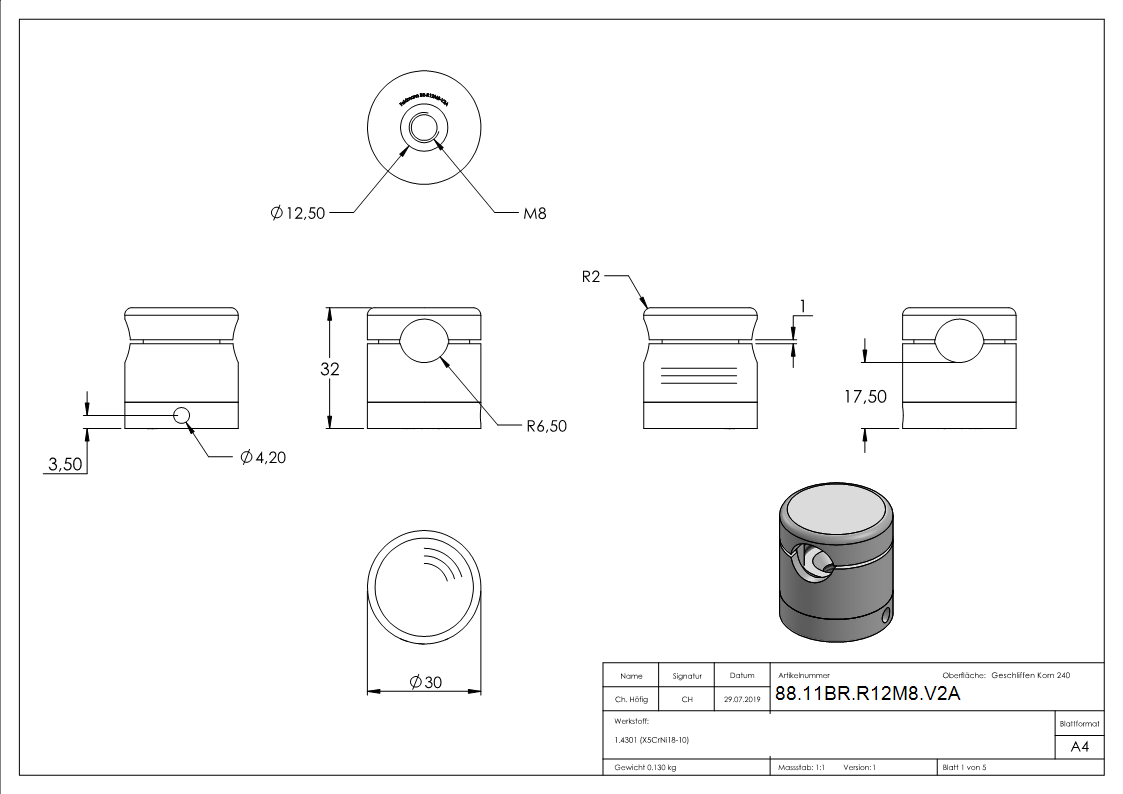 BRENK-fix® Grundhalter fuer Staebe Ø 12mm- V2A-88-11BR-R12M8.V2A