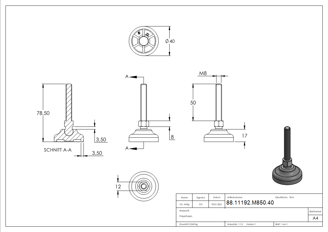 Schwerlast-Maschinenfuss M8x50 Fuss-Ø 40 mm mit Kugelgelenk-88-11192-M850.40