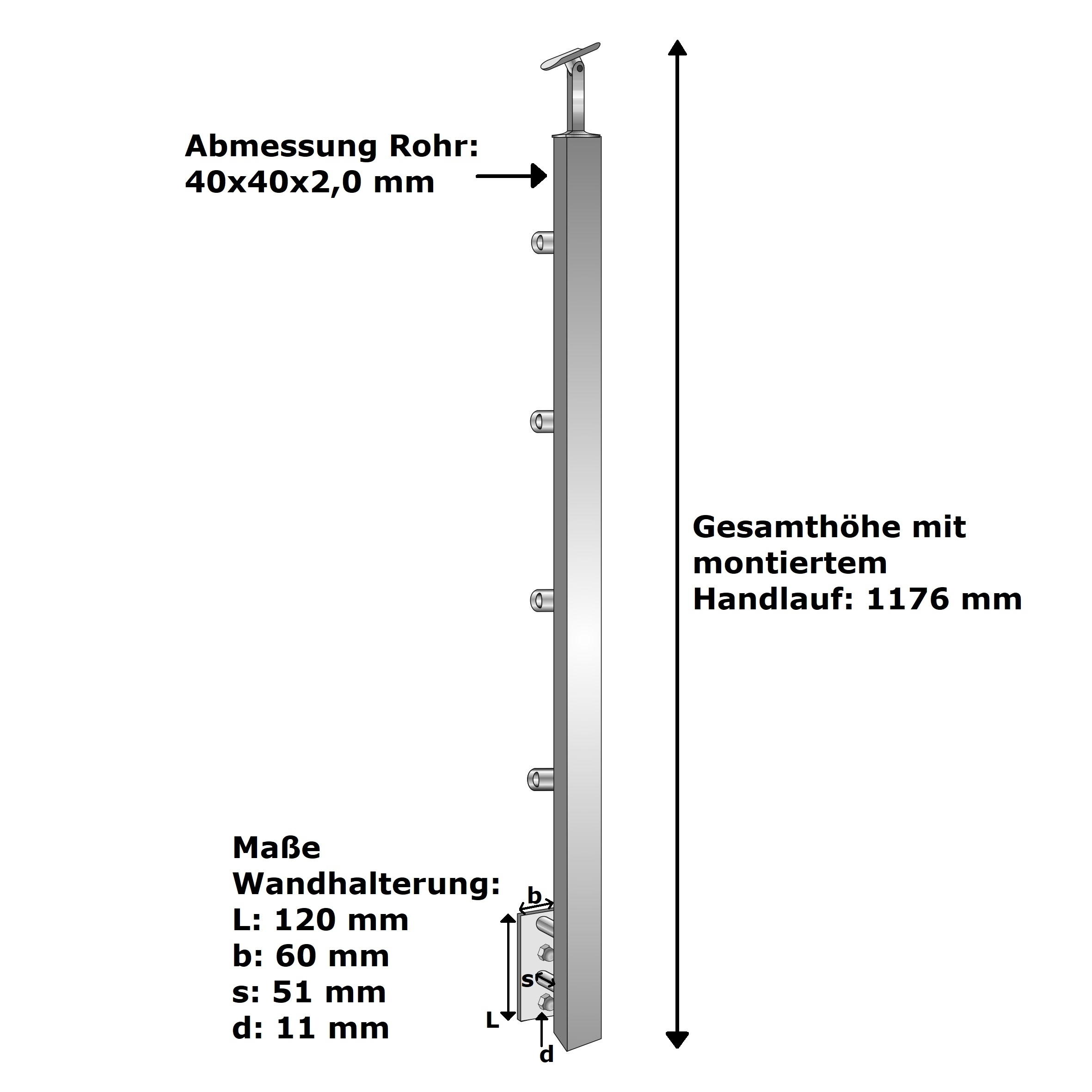 Treppenpfosten Edelstahl AISI 304 900 mm 40x40 mm seitliche Verankerung Fuellstab d12mm-14-0085ER-A.4