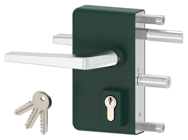 Gittertorschloss GTS 2 fuer Rohrstaerke 40-60mm- montagefertiges Set- moosgruen-88-1156700-ALU.6005