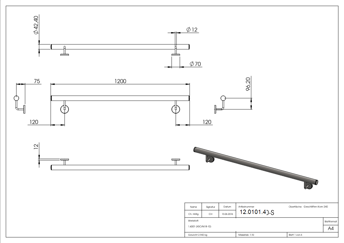 Handlauf montagefertig Laenge- 1200 mm Rundrohr- Ø 42-4 mm V2A-12-0101.4