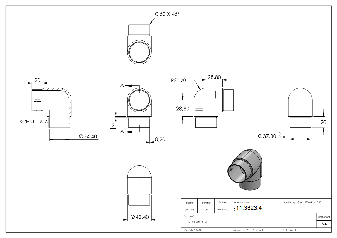 Rohrbogen V2A fuer Rohr Ø 42-4 x 2-5 mm 90° eng zum Stecken-11-3623.4