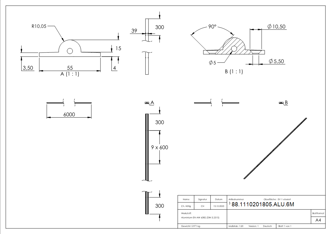 Laufschiene Aluminium 6000 mm eloxiert E6-EV1 mit Senkbohrungen  19 mm-88-1110201805-ALU.6M