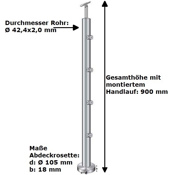 Gelaenderpfosten V2A 900 mm- Ø 42-4 mm Oberverankerung- 4 Fuellstabhalter Ø 12 mm-14-0073RR-A.4