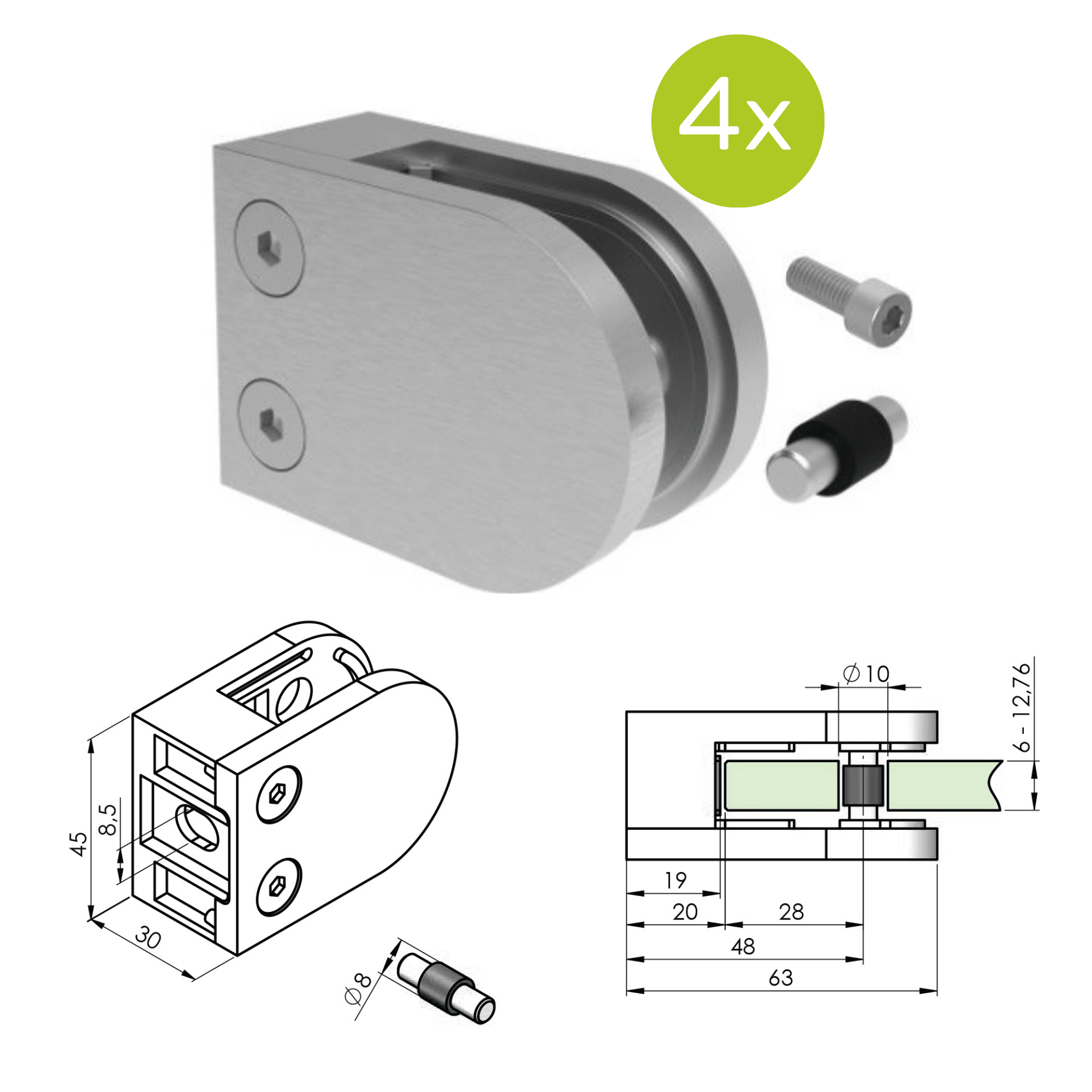 Glashalter V2A fuer 6 - 12-76 mm Glas Flachanschluss geschliffen 4er Set-89-11A2500000SET4-A.4