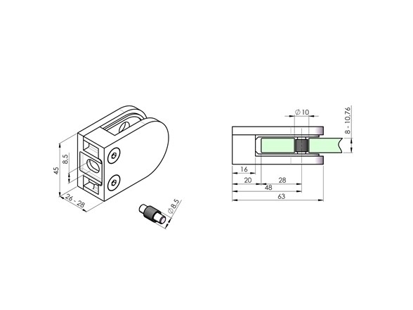 Glashalter Edelstahl AISI 316 fuer Glas 8-10-76 mm Glanz Flachpfosten-89-11A142200000L-A.4